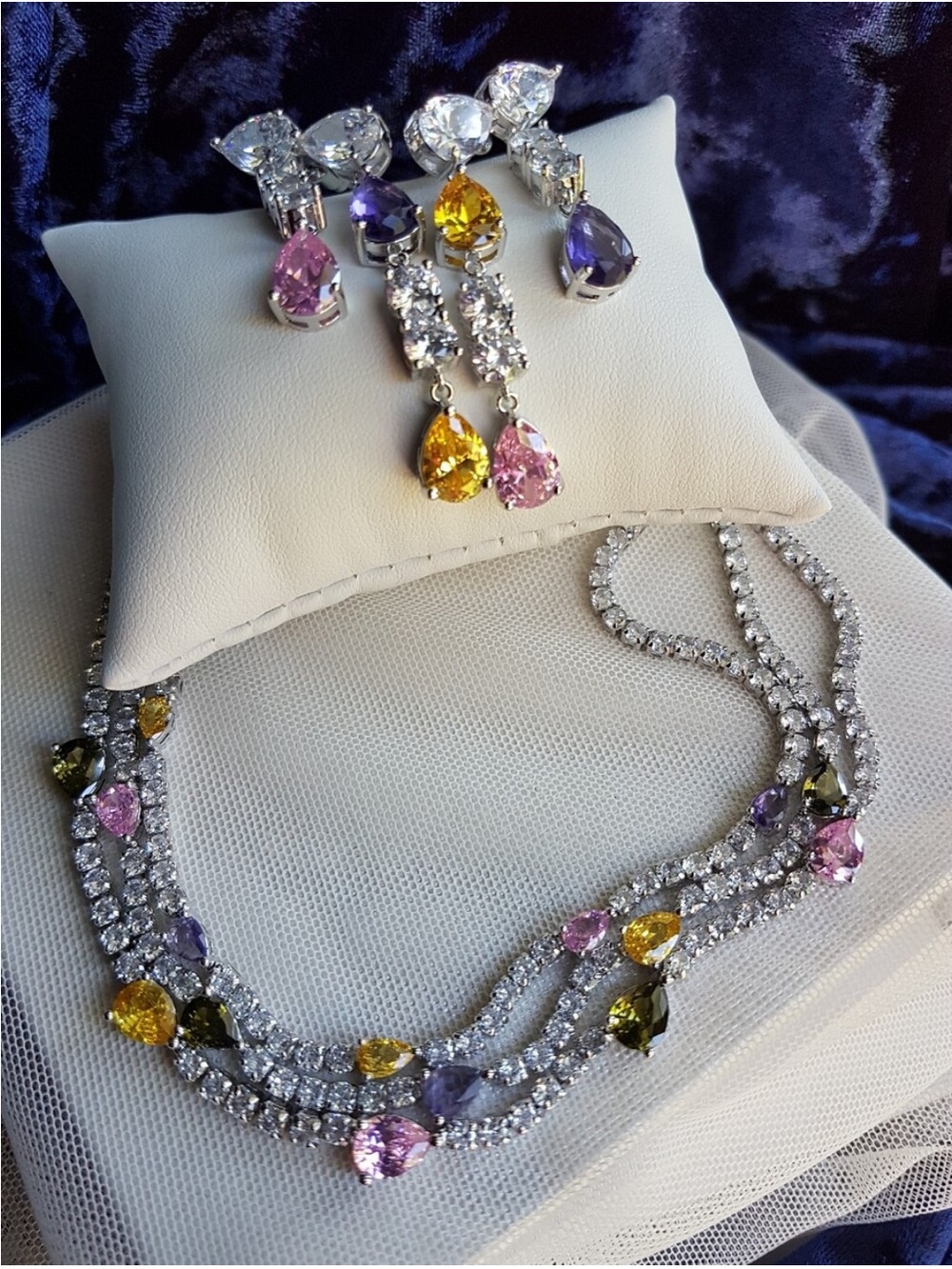 Swarovski Elements Teardrop Pink Purple & Yellow Gem Layered Necklace NEW - Picture 12 of 17